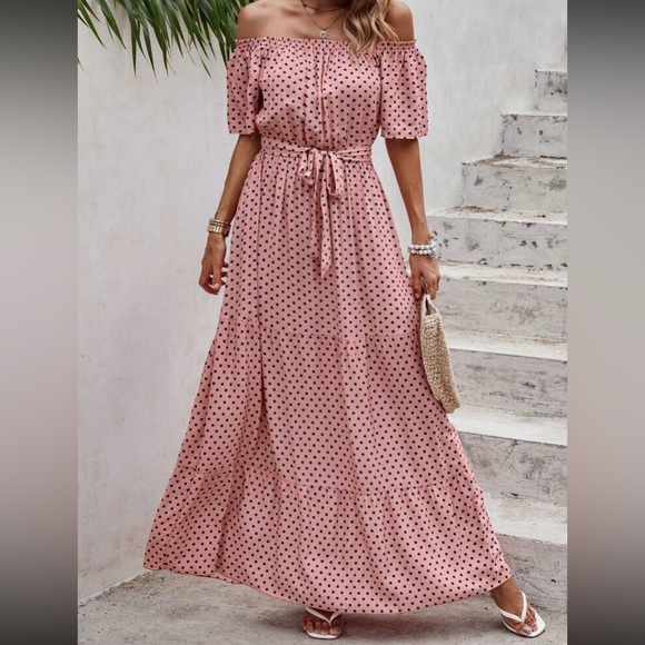 Boho polka dot off shoulder belted maxi dress - Picture 10 of 16